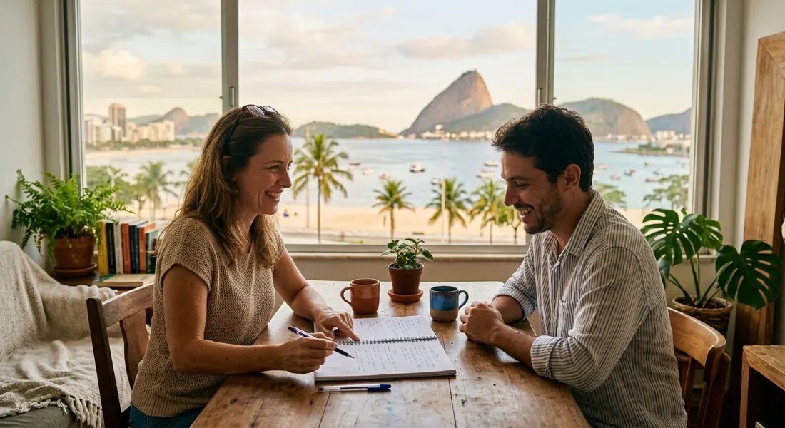 Professora e aluno em aula particular de inglês com vista para a praia de Icaraí